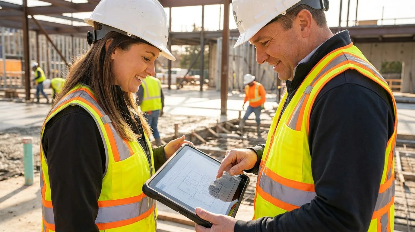 Two construction professionals reviewing plans on a tablet on site