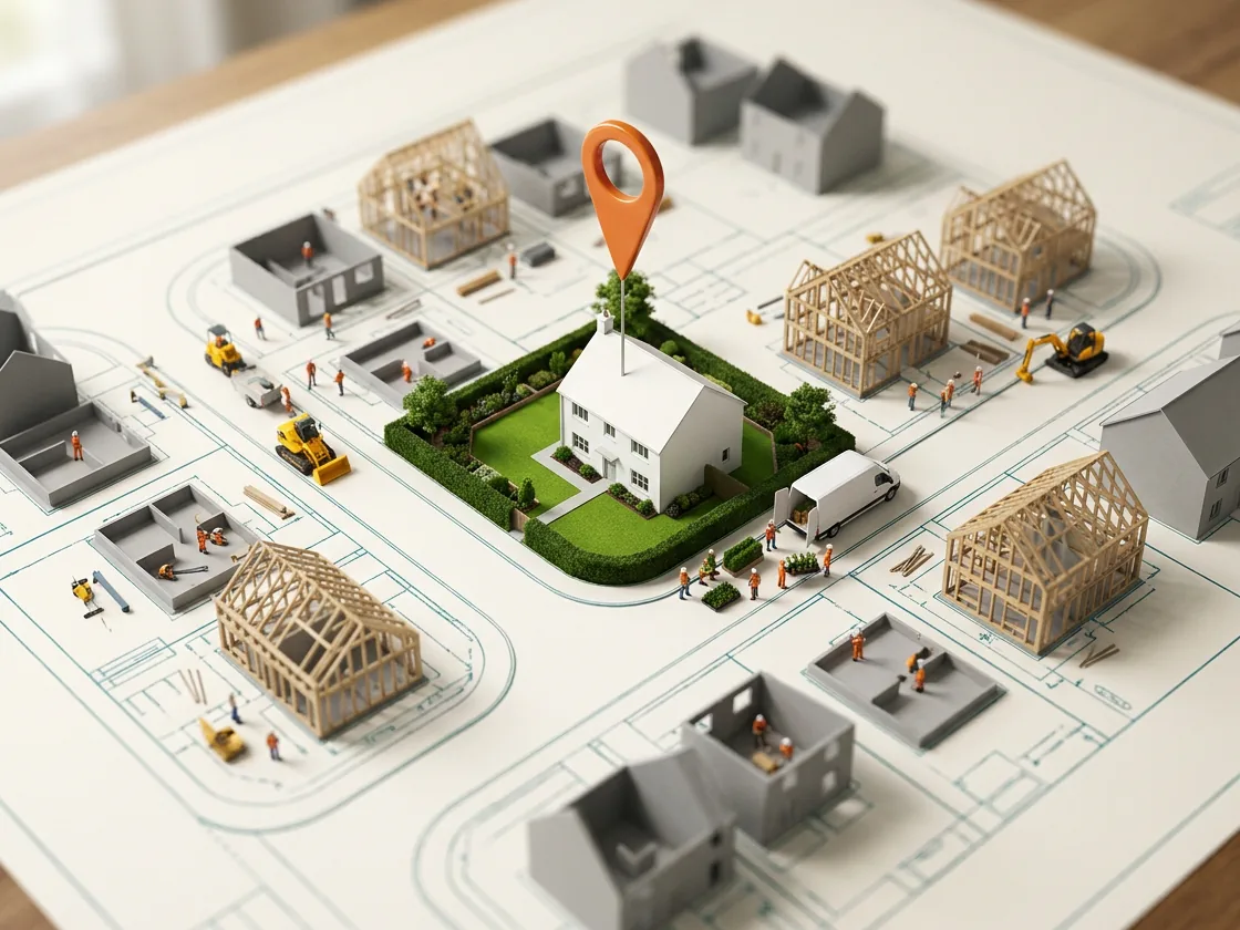 A model housing estate on site plans: one finished house with a new hedge and lawn is marked with an orange pin while a supplier's van unloads plants beside it.