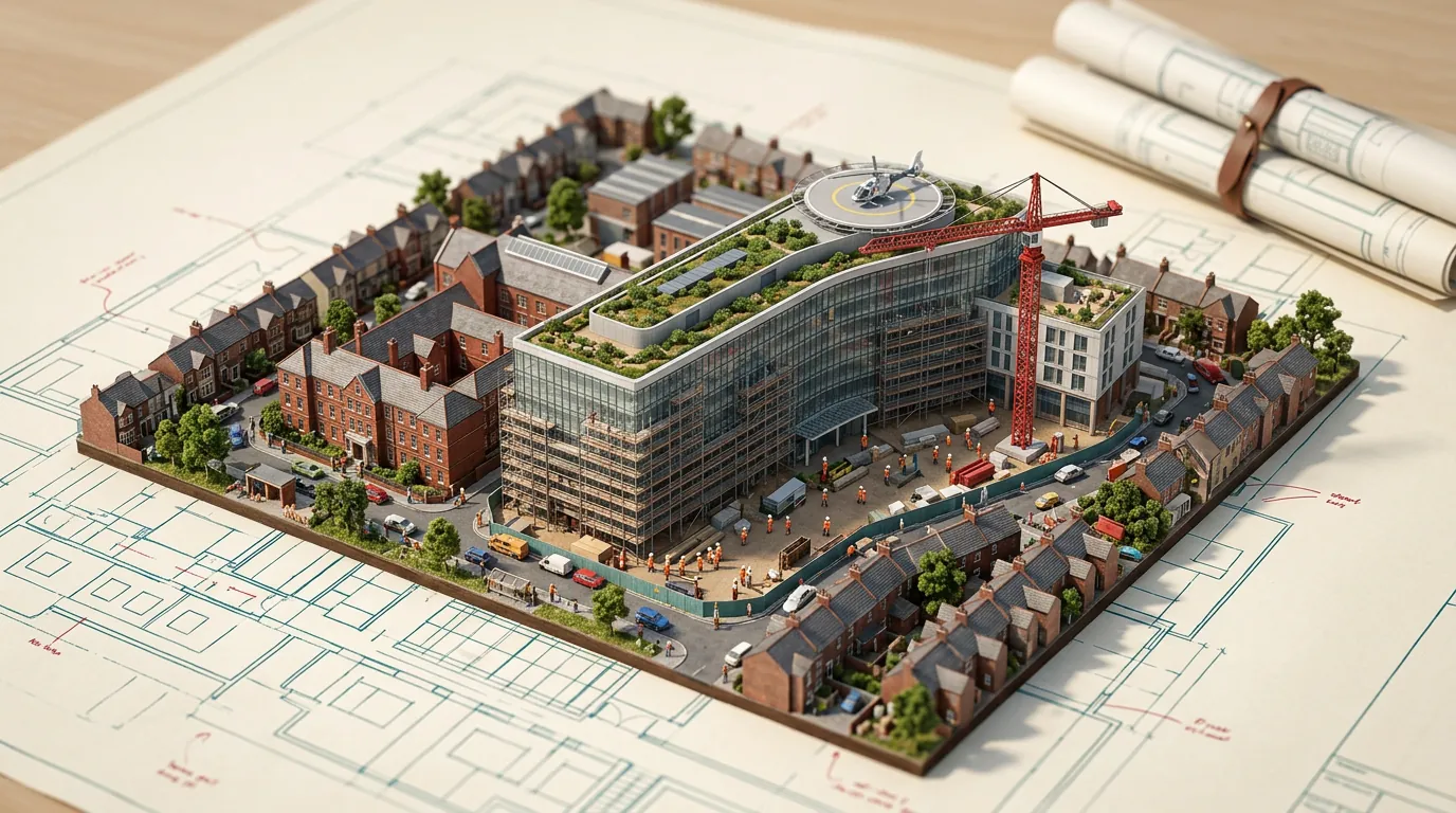 Illustration: a miniature model of a large curved hospital with a roof garden and helipad, nearing completion among red-brick streets