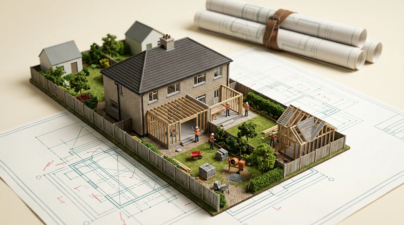 Illustration: a miniature model of a semi-detached house with a timber-frame rear extension and a small dwelling going up in the back garden