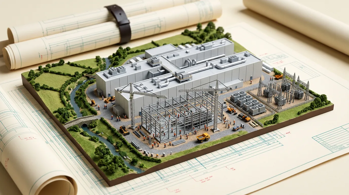 Illustration: a miniature model of a semiconductor campus under construction beside a river, with two cranes raising a new steel-framed hall