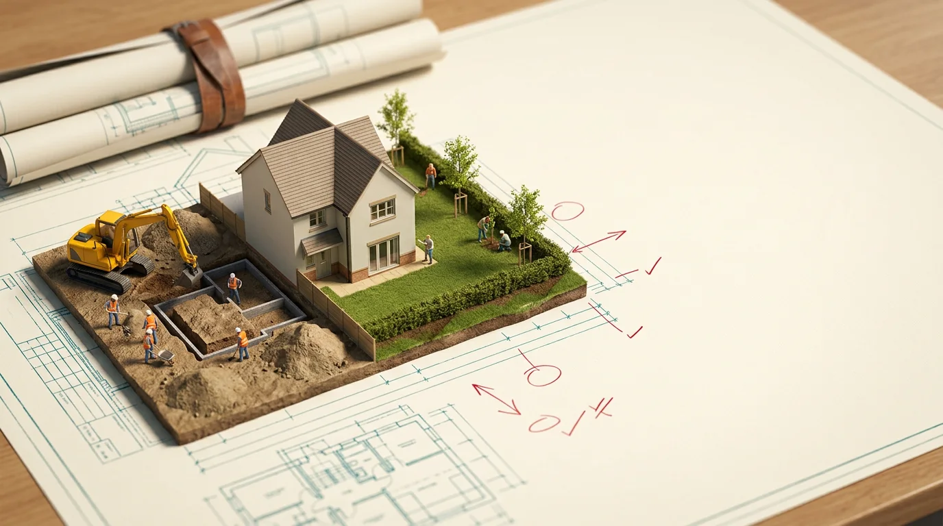 Illustration: a miniature model of one house site in stages, from an excavator and open foundation trenches to a finished house with a lawn, a young native hedge on a boundary bank and new trees